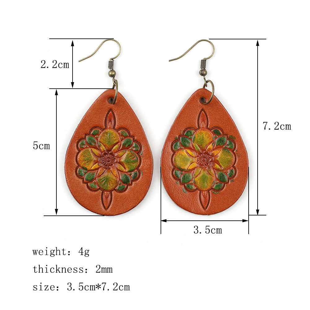 Genuine Leather Earring Carving Flower Retro Teardrop Drop Dangle Earrings for Women Party Jewelry Accessories