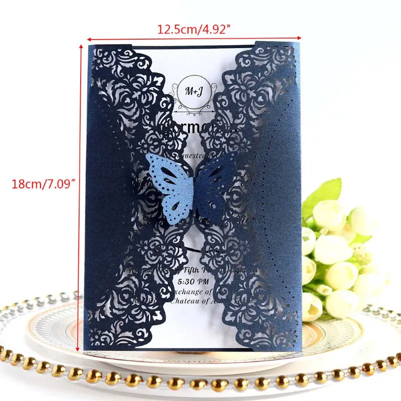  10pcs/set Glitter Laser Cut Lace Wedding Invitation Cards With Butterfly Bow For Wedding Bridal Sho - 4000389159376