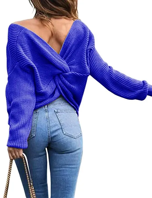 Стиль, Женский пуловер, свитер, топы, сексуальная спина, полые узел, Повседневные свитера с длинными рукавами, однотонный вязаный Топ, осенние свитера - Цвет: Синий