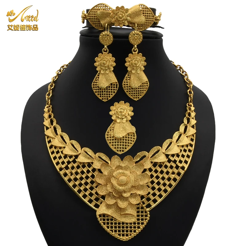 Conjunto de collar de flores para mujer, conjunto de joyas indias, anillos y pendientes de novia dorados, accesorios africanos de Dubái para boda, regalo de dama de honor