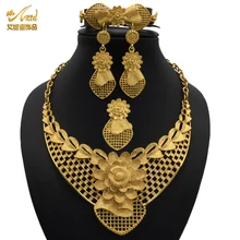 Flower Necklace Sets For Women Dubai African Gold Jewelry Set Bride Earrings Rings Indian Nigerian Wedding Jewelery Set Gift