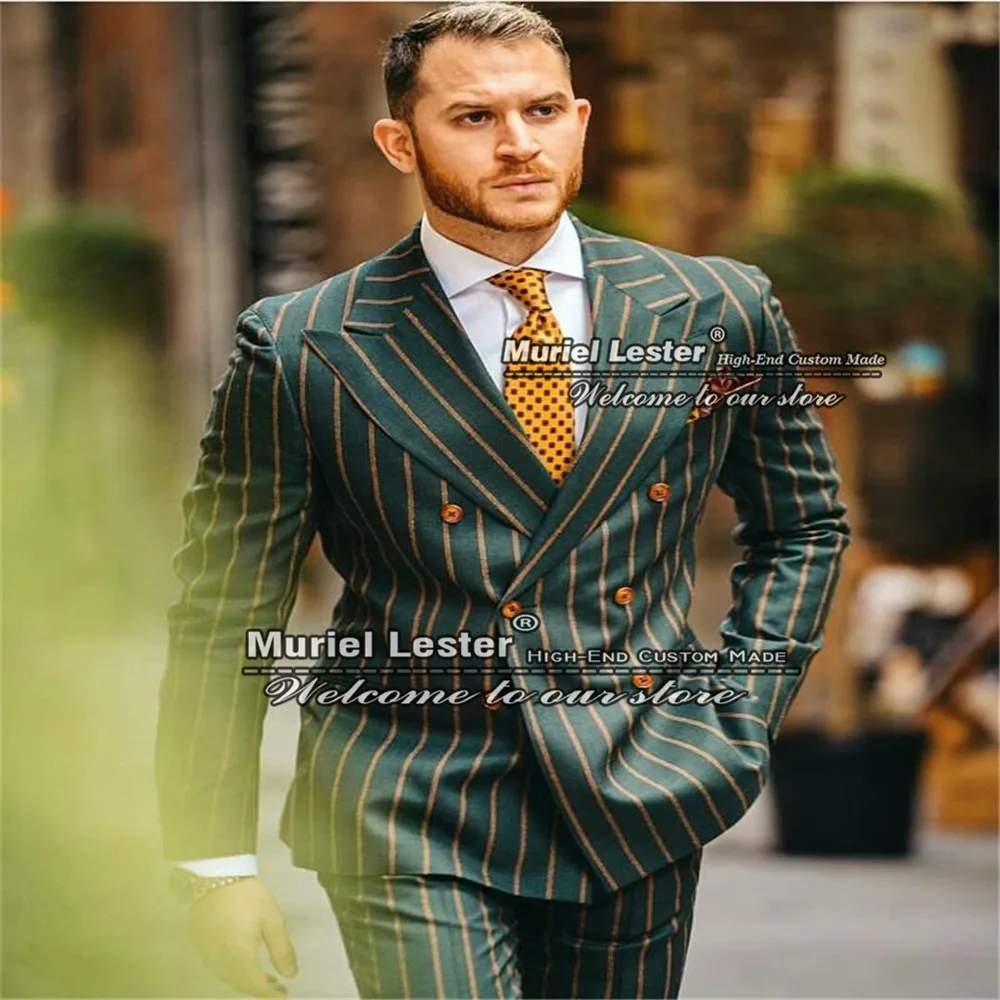 

Spring/Autumn Green Prinstripe Wedding Suits For Men Newst Design Double Breasted Coat With Trousers Smoking Blazer Custom Made