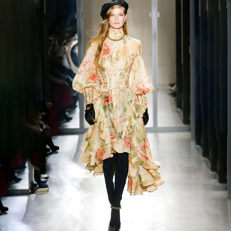

Fashion Walking Show Tissue Lace Long Dress Women Vintage Palace Wind Autumn Waist Strap Printed Bubble Sleeve Irregular Dress