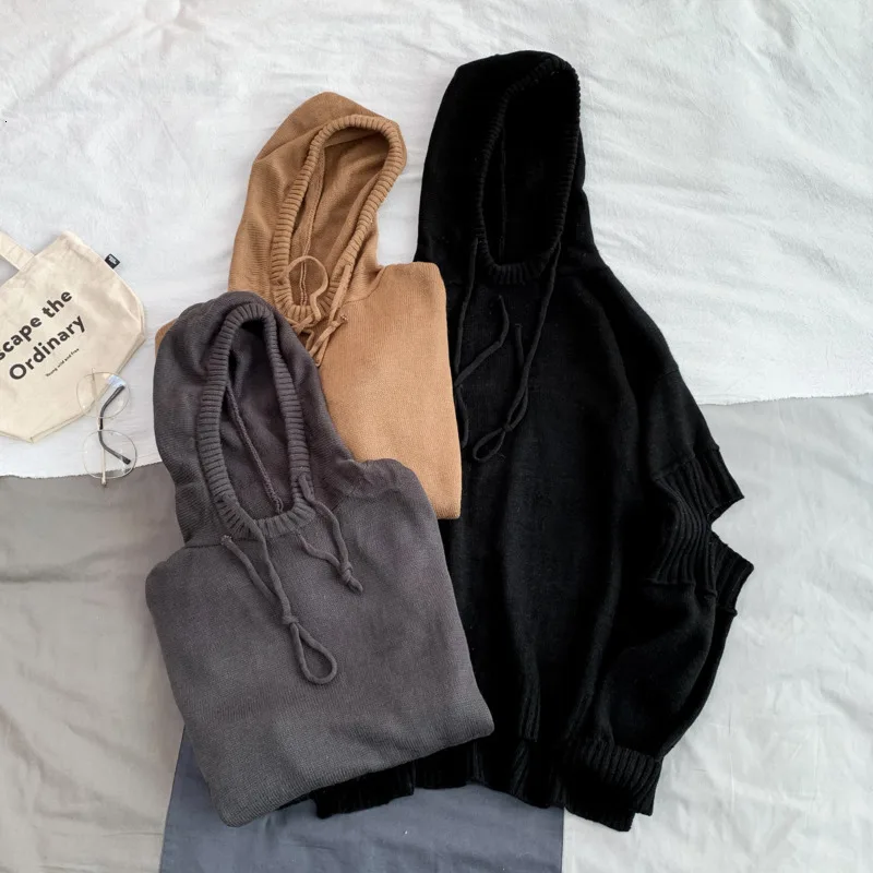 Autumn New Sweater Men Fashion Hole Hooded Sweaters Men Solid Color Casual Knit Sweter Loose Long-sleeved Pullover Man Clothes