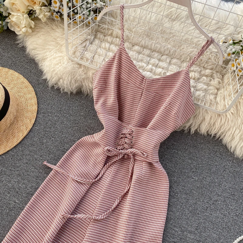 Vintage 2020 Sexy Plaid Print V Neck Jumpsuit Spaghetti Strap Summer Full Length Women Slim Waist Tie Playsuit Lace Up Romper Vintage 2020 Sexy Plaid Print V Neck Jumpsuit Spaghetti Strap Summer Full Length Women Slim Waist Tie Playsuit Lace Up Romper