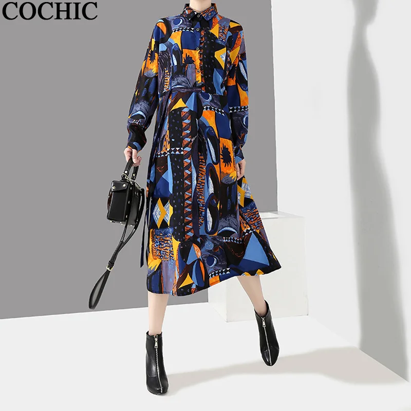 

Original Design Women Fashion Spring Autumn Pocket temperament geometric Dresses ins floral long sleeve shirt dress