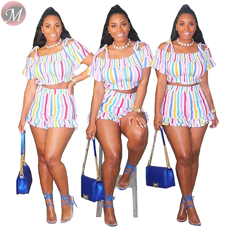 9060630 queenmoen summer women clothing wholesale rainbow strip ruched two piece shorts suit