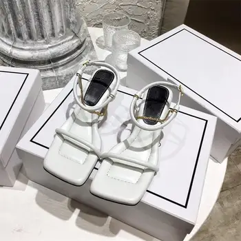 

2020 Summer Sandals Women Square Toe High Heels Chain Ladies Party Dress Shoes Solid Fashion Luxury Design Femmes Sandales