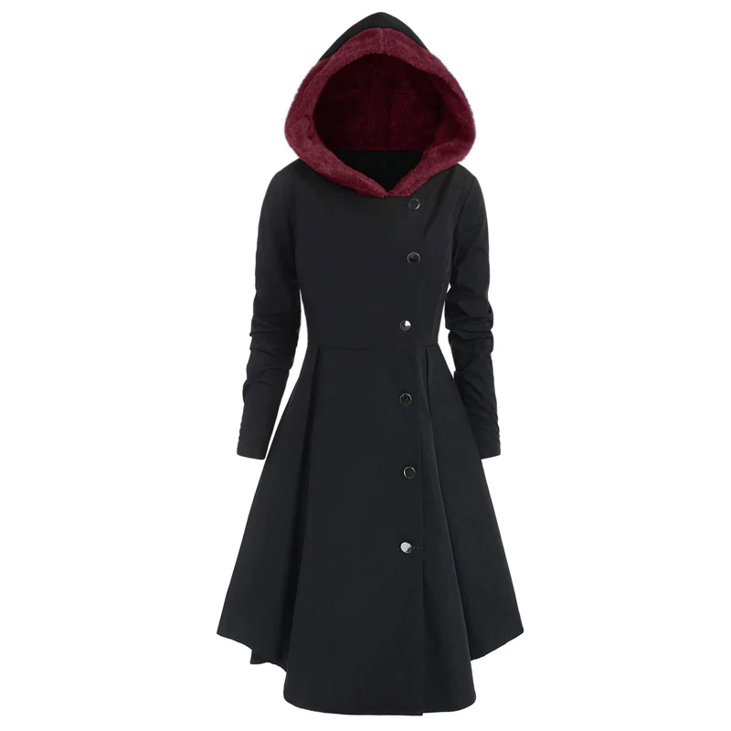 Женское ассиметричное флисовое пальто с капюшоном размера плюс 4XL, черное бордовое зеленое однобортное готическое пальто, манто для женщин, Тренч - Цвет: Black 1