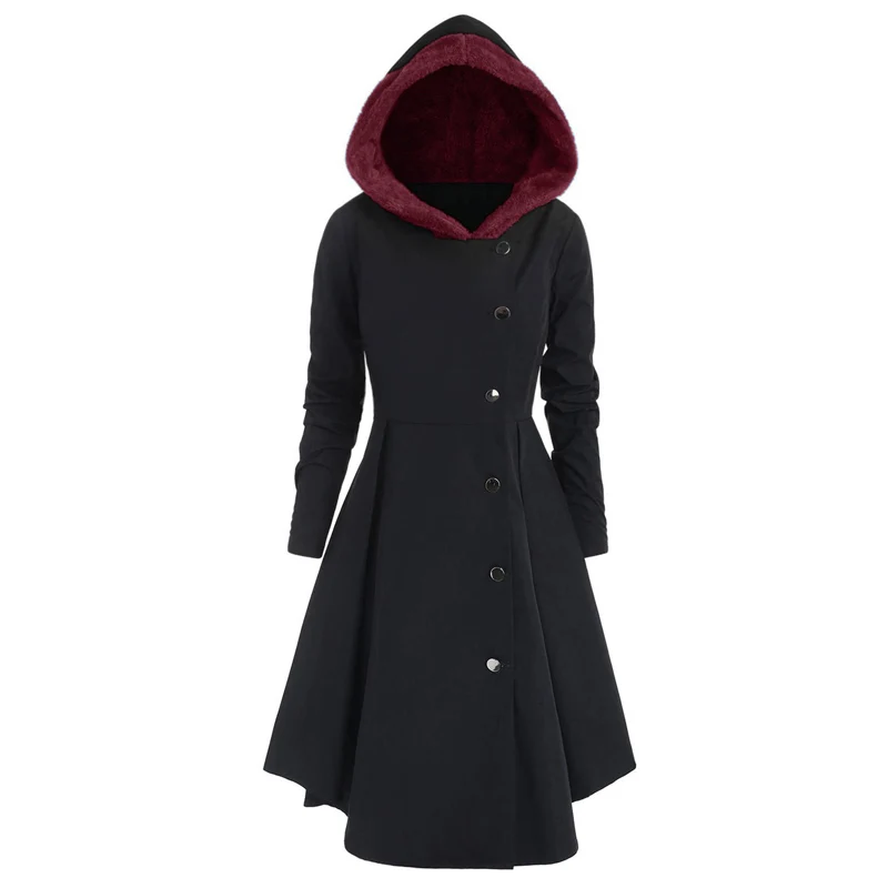 Black 1 Женское ассиметричное флисовое пальто с капюшоном размера плюс 4XL, черное бордовое зеленое однобортное готическое пальто, манто для женщин, Тренч - Цвет: Black 1