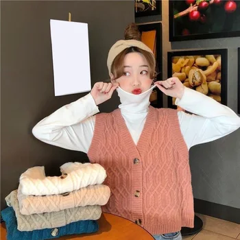 

Women Knitted Twist Sweater Vest Ladies Single Breasted V Neck Sleeveless Sweaters Cardigan Autumn Girls Fashion Sweet Vest