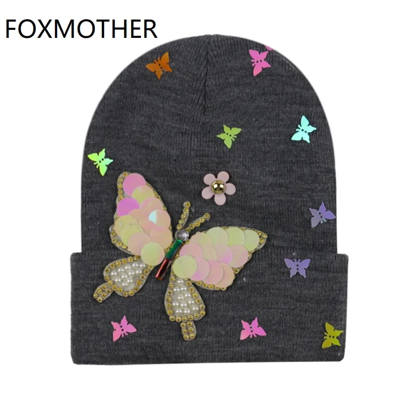 

FOXMOTHER New Shiny White Grey Sequin Butterfly Warm Beanie Hats Caps Women Sombrero Mujer Bonnet Gorro 2019 Fashion