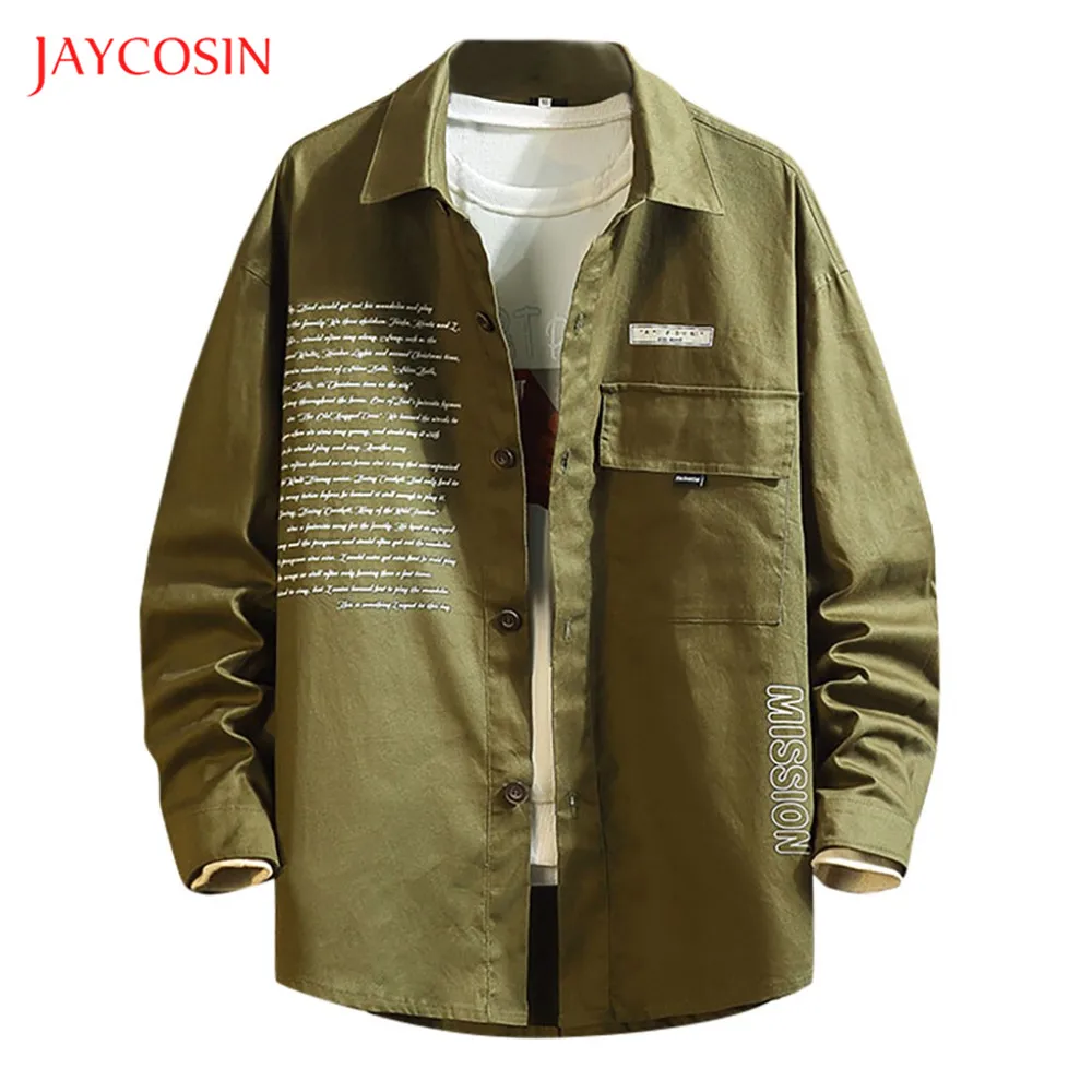 Joycosin, Повседневная модная мужская рубашка, зимняя мужская одежда в стиле хип-хоп, с буквенным принтом, свободная, с длинным рукавом, с отворотным воротником, мужская рубашка с карманом