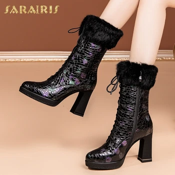 

Sarairis Brand New 2020 Genuine Cow Leather Chunky High Heels Shoes Woman Boots Platform Zipper Mink Fur Knight Boots Female