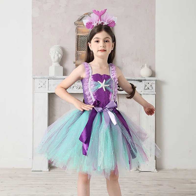 Mermaid Teal and Pearls Sparkly Tutu Dress for Girls Birthday Party Pageant Princess Dresses Kids Starfish Halloween Costume (8)