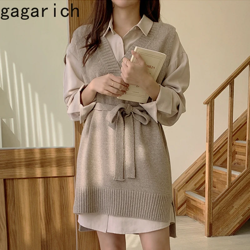 Gagarich 2022 Spring Autumn Women Sets Retro Gentle Wind V-Neck Lace Knitted Vest Sweater Casual Polo Collar Shirt Dress Suit |