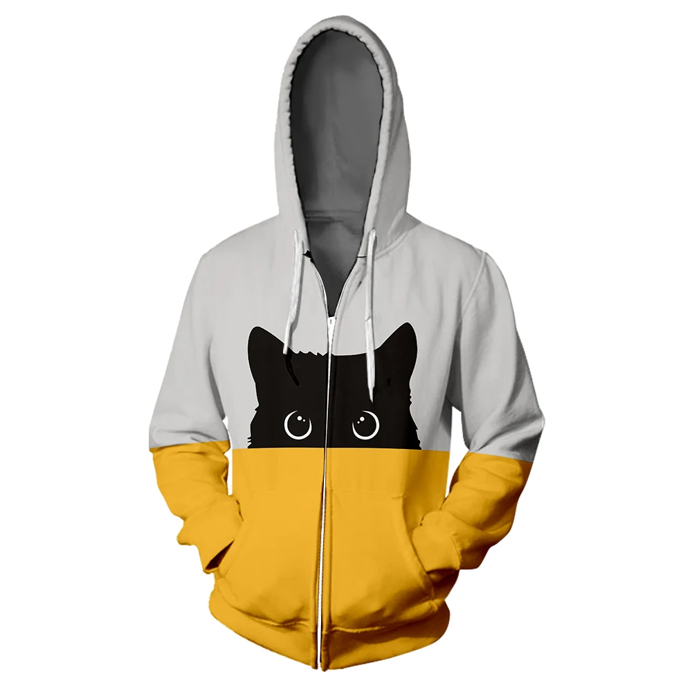 kawaii Black Cat fashion Zipper Hoodie Casual Two-tone Split Color Print Woman 3D Colorful Hooded Cute Pussy Zipper Sweatshirt
