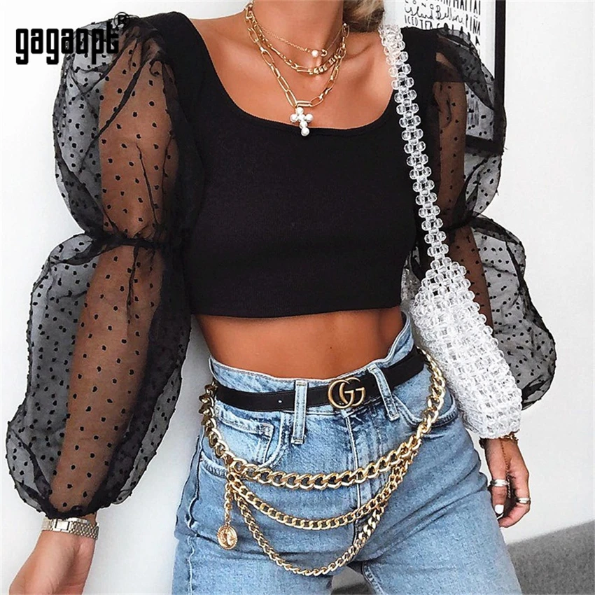 Gagaopt, u-образный вырез, сетчатые Топы в горошек, женские зимние рубашки, женские сексуальные вечерние блузки