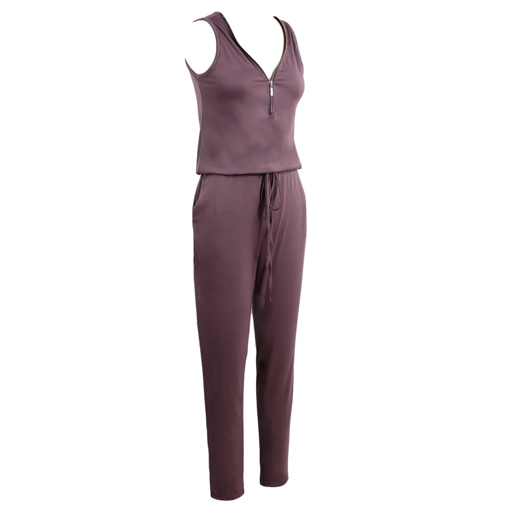 New Fashion Women Jumpsuit Solid Color V Neck Sleeveless Elastic Waist Self-Tie Pocket Casual Playsuit Romper Black/Purple/Green | Женская