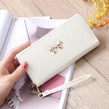 

Cards Holder Wallet Ladies Cute Bowknot Women Long Wallet Pure Color Clutch Bag 2020 New PU Leather Purse Phone Card Holder Bag