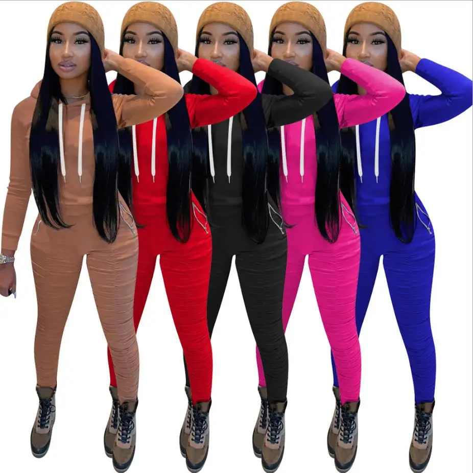 

Solid Women Two Piece Set Hooded Long Sleeve Sweatshirts Stacked Jogger Pants Suit Tracksuit Matching Set Casual Outfit