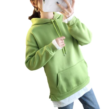 

Plus Velvet Thick Warm Women Sweatershirt Winter New Loose Hooded Sweatershirt Fashion Loose Female Splice Outwear