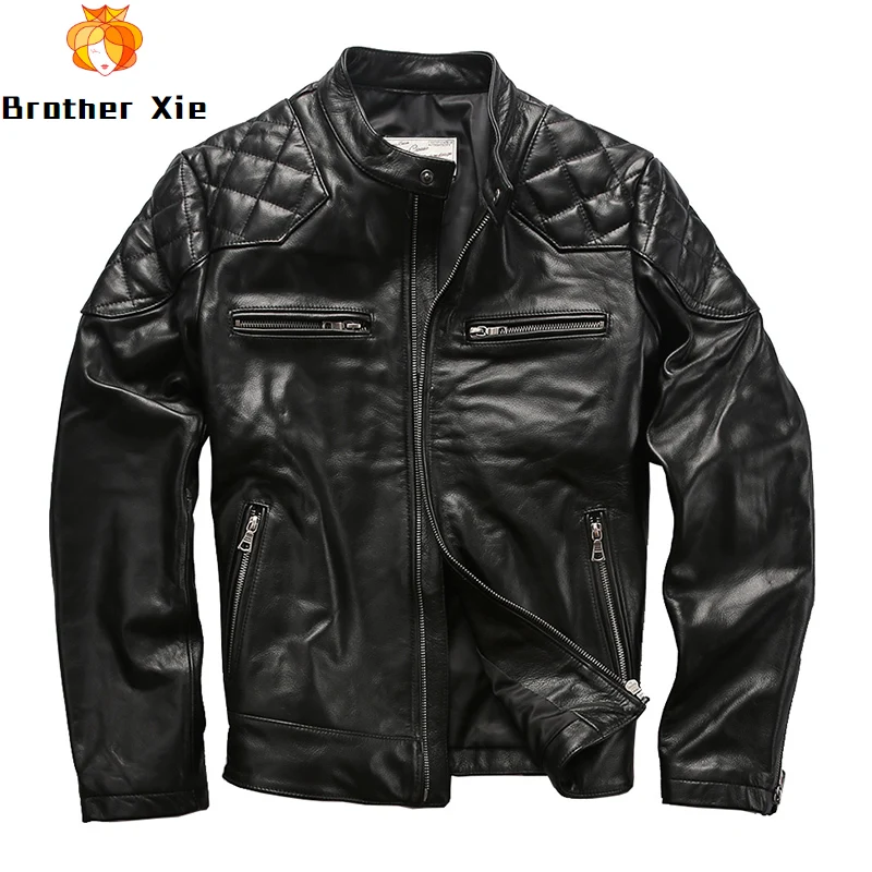 

2020 Men Genuine Cowhide Leather Jacket Black Slim Motorcycle Biker Real Leather Jacket for Male R3353