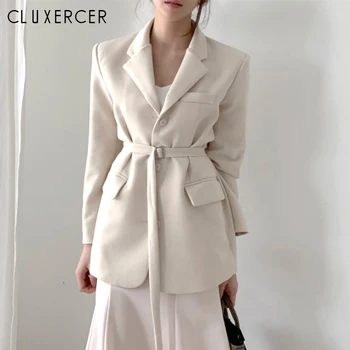 

Women Long Sleeve Casual Blazers Korean Solid Sashes Female Slim Blazers Office Ladies Formal Blazers Outwear White Black