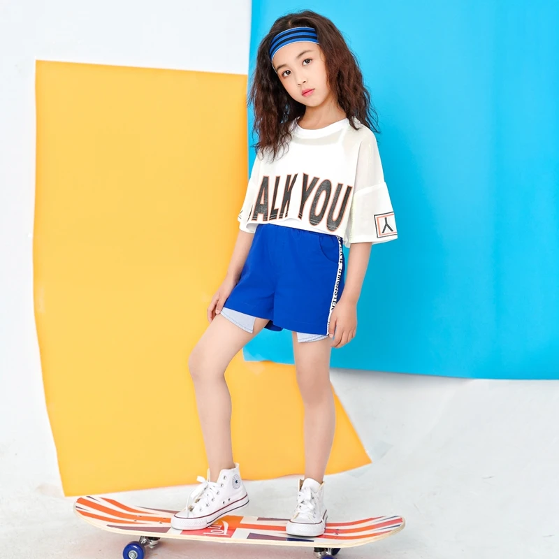 Children White Jazz Dance Costumes Girls Letter Crop Top Blue Shorts Dance Sets Hip Hop Modern Party Stage Outfits (13)