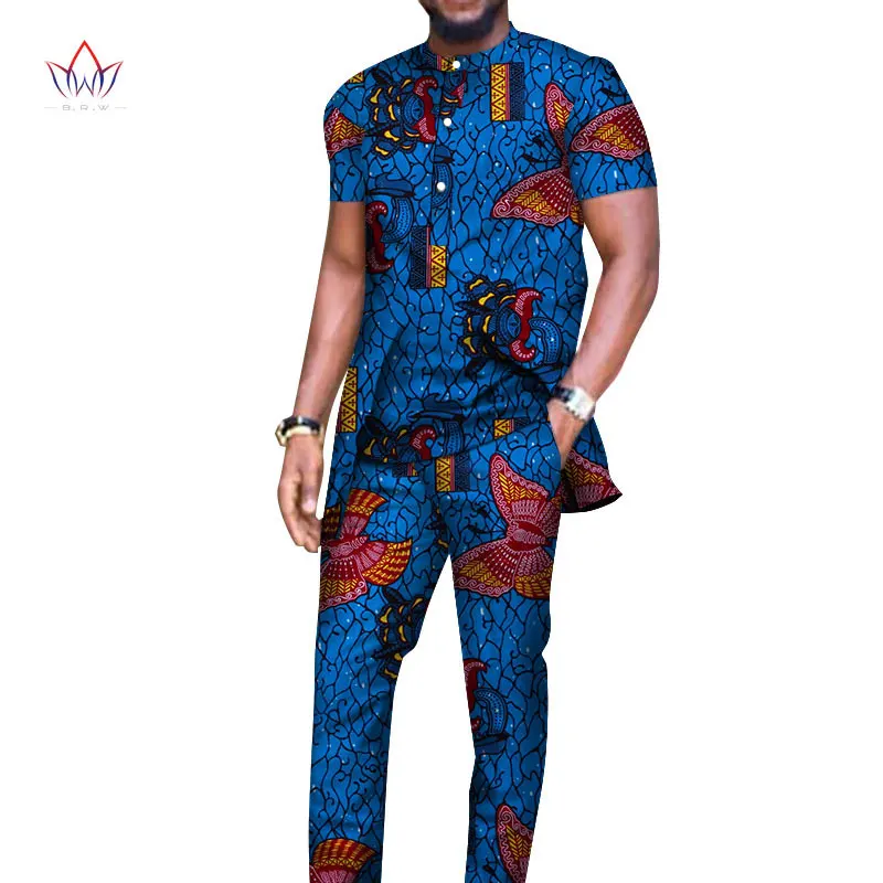 Bazin Riche мужские комплекты из 2 предметов с брюками, африканская Дизайнерская одежда, африканская одежда, повседневные мужские длинные футболки и штаны WYN514 - Цвет: 1