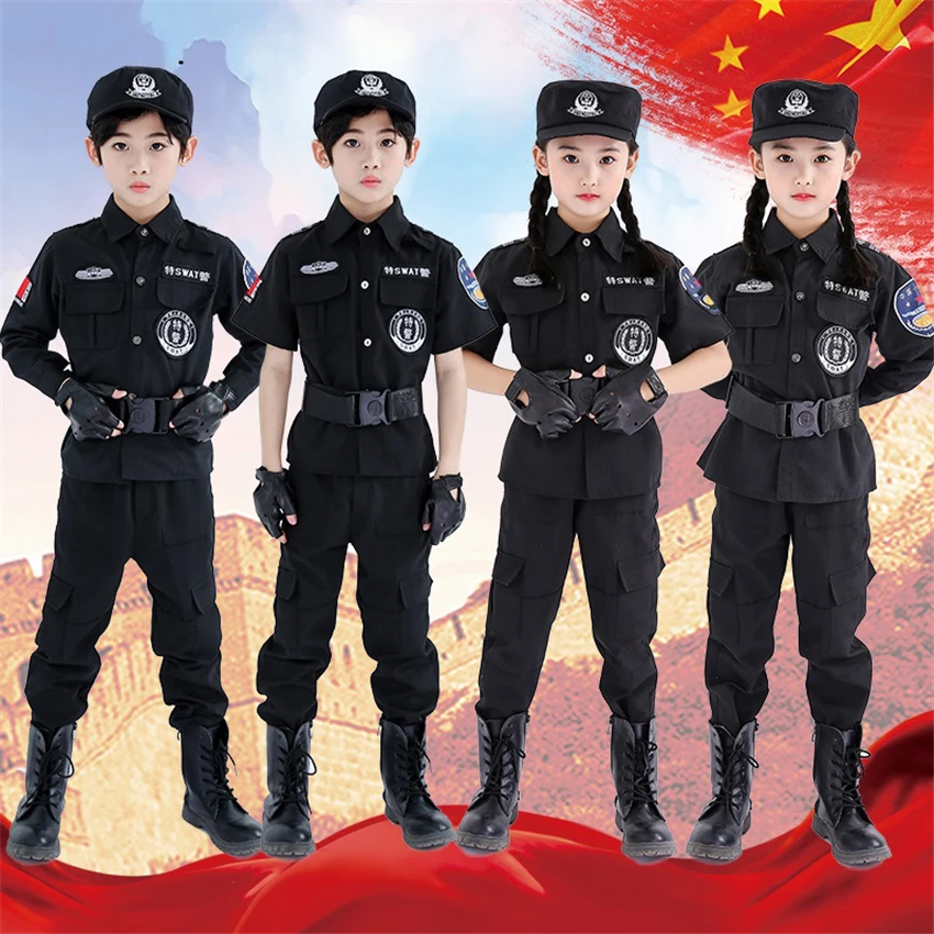 

Kids Costume Military Uniform Policeman Disguise Special Force Halloween Cosplay Jacket+Pants+Belt+Cap+Gloves Officer Clothing