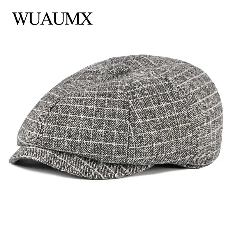 Wuaumx осень зима Newsboy шапки Мужские Восьмиугольные шляпы живописцы шапки плед береты ушанки Британский елочка плоские шапки gavroche