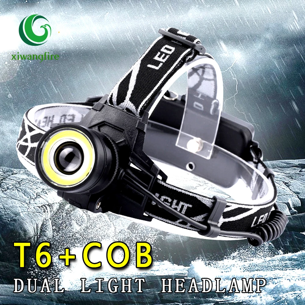 

T6+COB Led Headlamp Zoomable Headlight Use 18650 Battery DC Charger Camping Night Fishing Lights Rechargeable Lantern