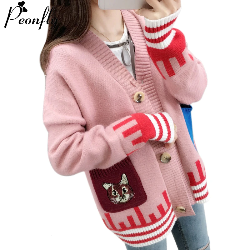 PEONFLY Kawaii вышивка мультяшного кота Свободная трикотажная куртка Женский кардиган осень зима длинный рукав женский свитер-кардиган