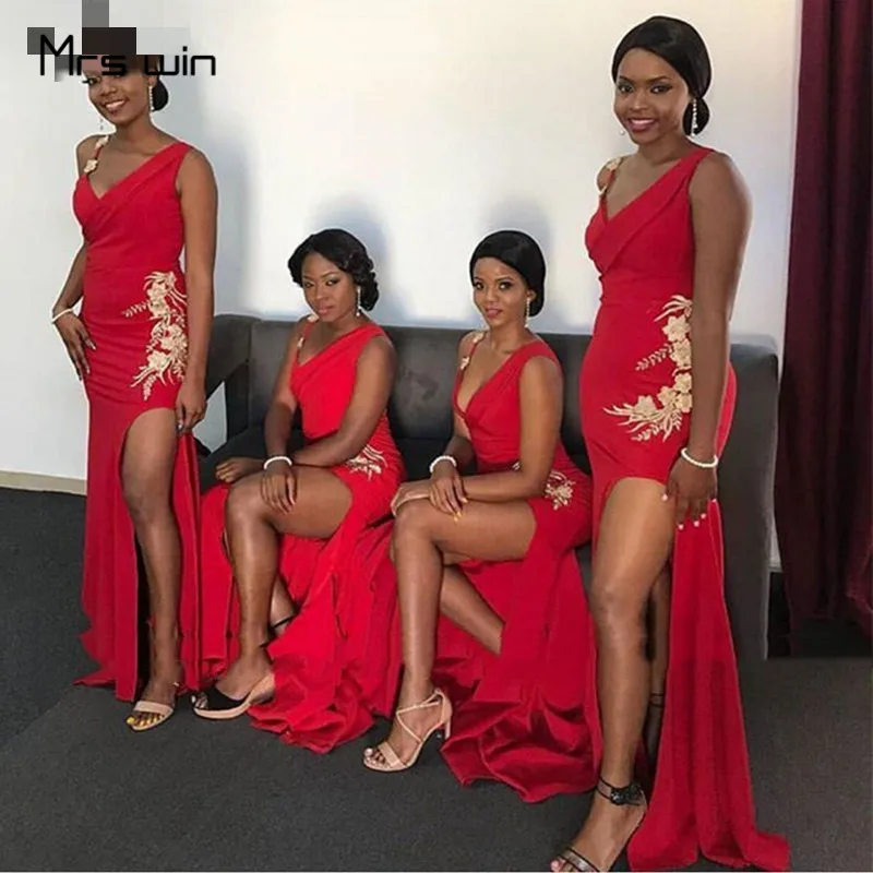 as picture Mrs win Элегантные платья невесты с красным разрезом сбоку свадебное вечернее платье HR303 с открытыми плечами Русалка длинное для девочек Vestido Madrinha - Цвет: as picture