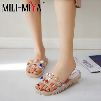 

MILI-MIYA Summer New Fashion Pvc Transparent Women Colorful Rhinestone Studded Beach Open Toe Female Outdoor Slippers