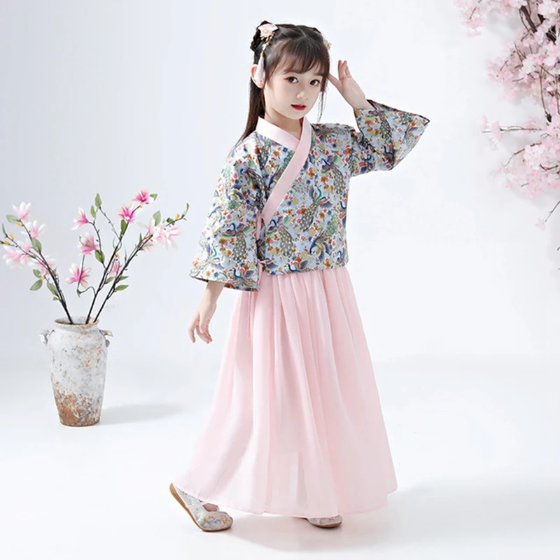 Hanfu/Улучшенный костюм для девочек с вышивкой павлина; платье принцессы в китайском стиле; детская юбка; костюм для девочек
