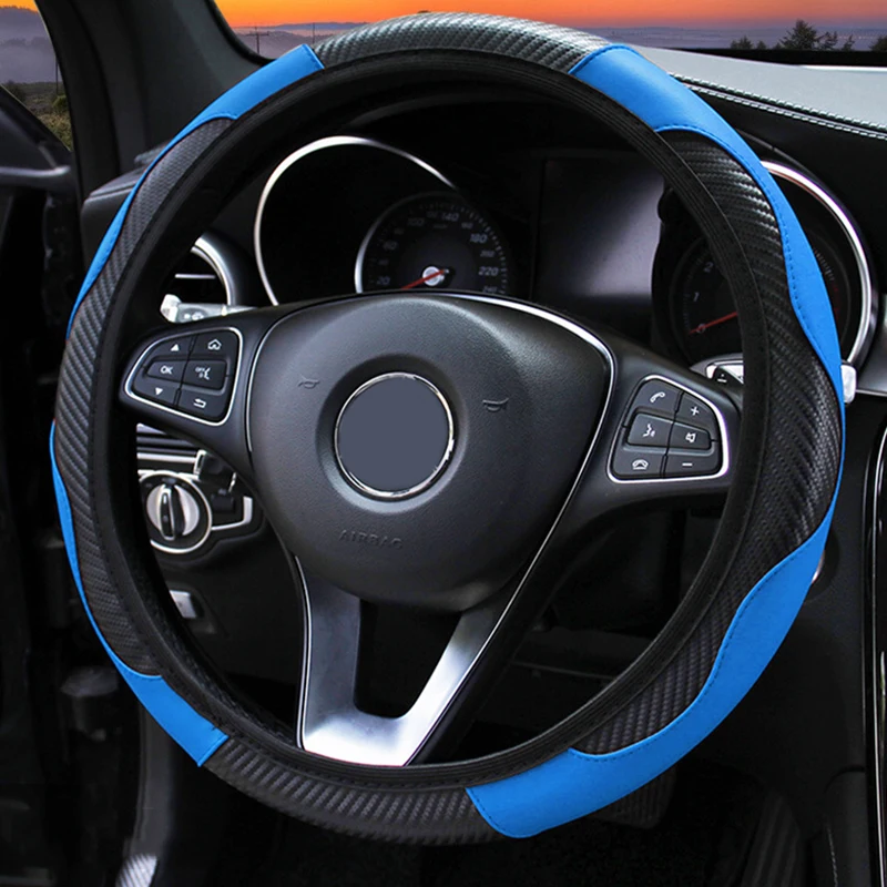 Black Blue Нескользящий чехол рулевого колеса автомобиля дышащий Противоскользящий из искусственной кожи чехлы для руля подходит 37-38 см авто Интерьер - Название цвета: Black Blue