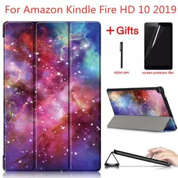 

For Amazon Kindle Fire HD 10 2019 Case For New Kindle Fire HD10 9th Generation Smart Flip Leather Stand Tablet Cover+Film+Stylus