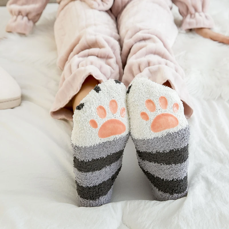 Носки с рисунком кота и лапы; женские нескользящие коралловые бархатные толстые носки; женские теплые зимние носки для сна; домашние носки; Calcetines