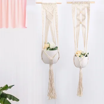 

1/2pcs Cotton Rope With Stick Flower Pot Plant Hanger Cotton Rope Flower Pot Hanging Net Wind Hand-woven Basket Net Pocket