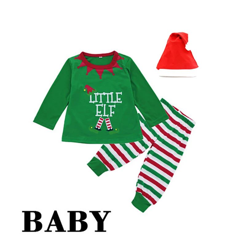 Рождественские праздничные костюмы с изображением эльфа, семейная маскарадная одежда, зеленые рождественские костюмы для папы, мамы и ребенка, зимняя Пижама, комплект из топа+ шапки+ штанов - Цвет: Baby