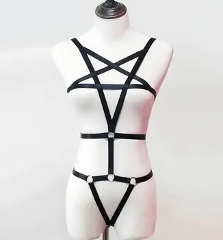 

Black Body Suit Harness Caged Top Women Clubwear Costume Teddy Women Sexy Black High Waist Garter Belt Leather Harness Cage