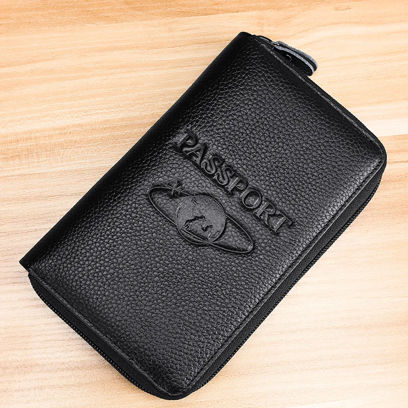 Passport Holder Wallet Zipper Surround Genuine Leather Credit Card Cover for Passport Bag Travel Documents Protector Case Unisex