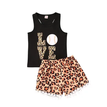 

2020 Toddler Infant Kids Baby Girl Clothes Set Summer Sleeveless Round Neck Love Baseball Top Leopard Shorts Outfits 2PCs