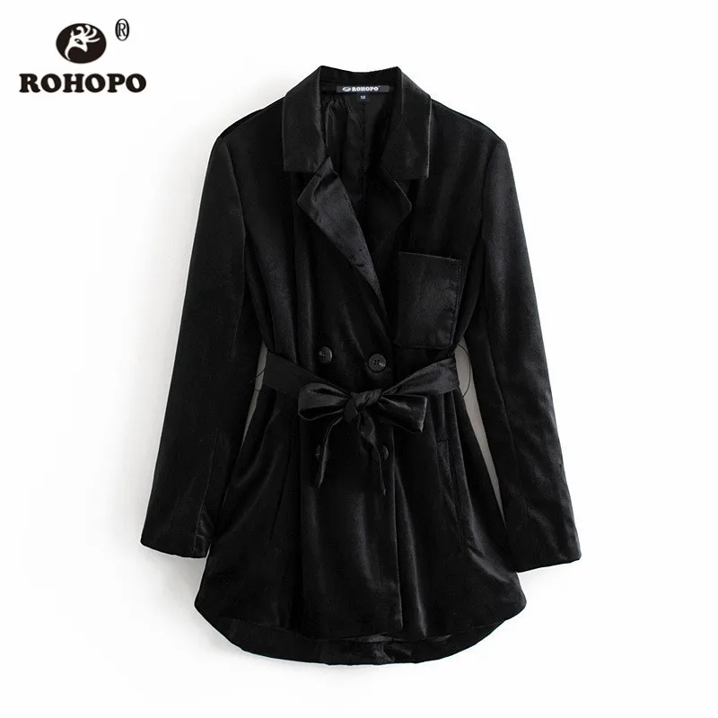 

ROHOPO Notched Collar Velvet Beled Black Trench Coat Double Breast Buttons Ladies Slim Autumn Out Coat #2973