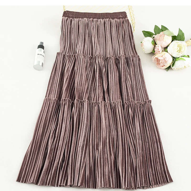 Pink purple Skirt FairyShely, бархатная плиссированная длинная юбка для женщин, Осень-зима, эластичная лента, высокая талия, Теплая юбка, абрикосовая, макси, офисная юбка - Цвет: Pink purple Skirt