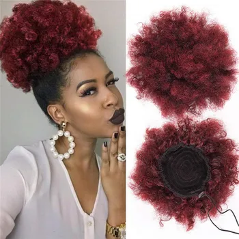 

Kong&Li Puff Afro Curly Wig Ponytail Drawstring Short Afro Kinky Pony Tail Clip in Synthetic Hair Bun with Bang Extensions