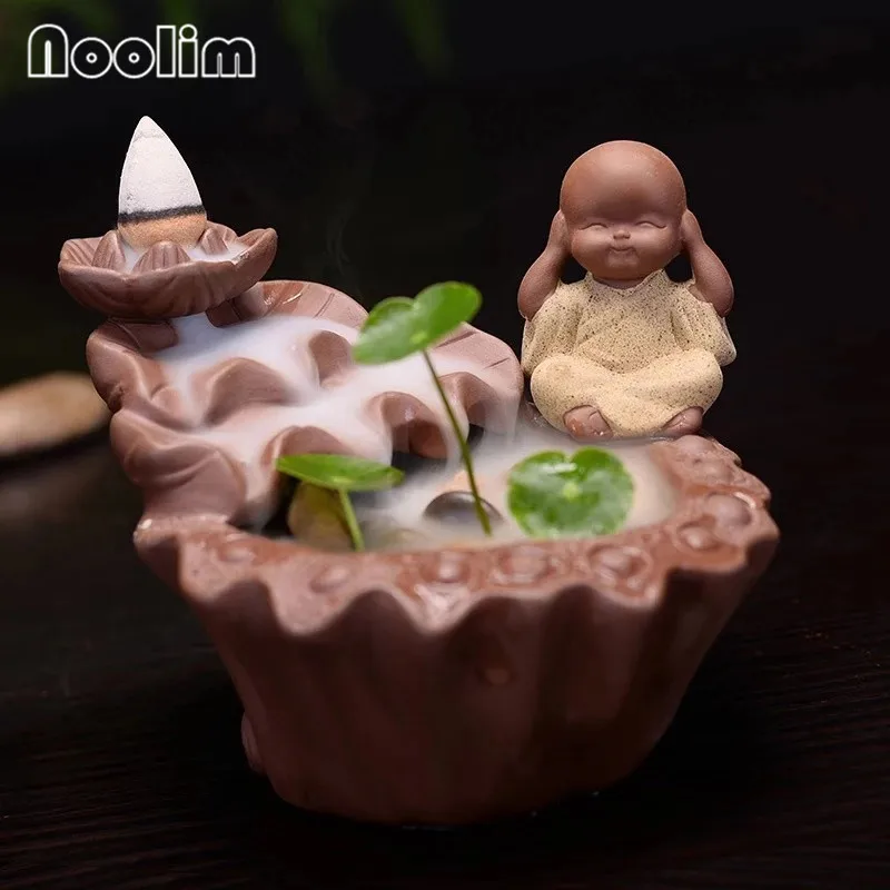 Purple Clay Zen Small Monk Backflow Incense Burner Ceramic Lotus Waterfall Incense Cones Holder Home Decor+ 10pcs Free Cones