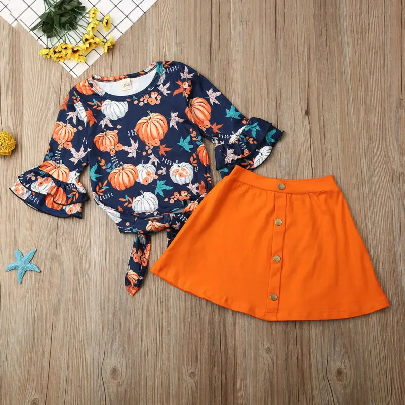 Emmababy, осенняя одежда из 2 предметов для маленьких девочек, одежда с длинными рукавами и оборками для Хэллоуина топы с изображением тыквы+ юбки, комплект одежды